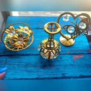 3 Vintage Goldtone Crystal Decor Mini Butterfly Genie Bottle Flowers
